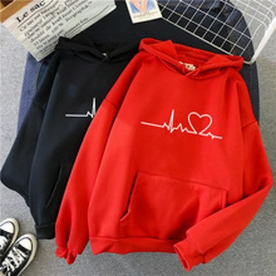 Women's Heartbeat Print Hoodie & Sweatshirt Set - Casual Sportswear for Spring & Autumn