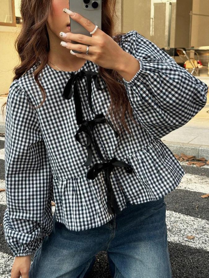 

Black White Gingham Long Sleeve Top with Bow Tie and Ruffle Hem S чёрный