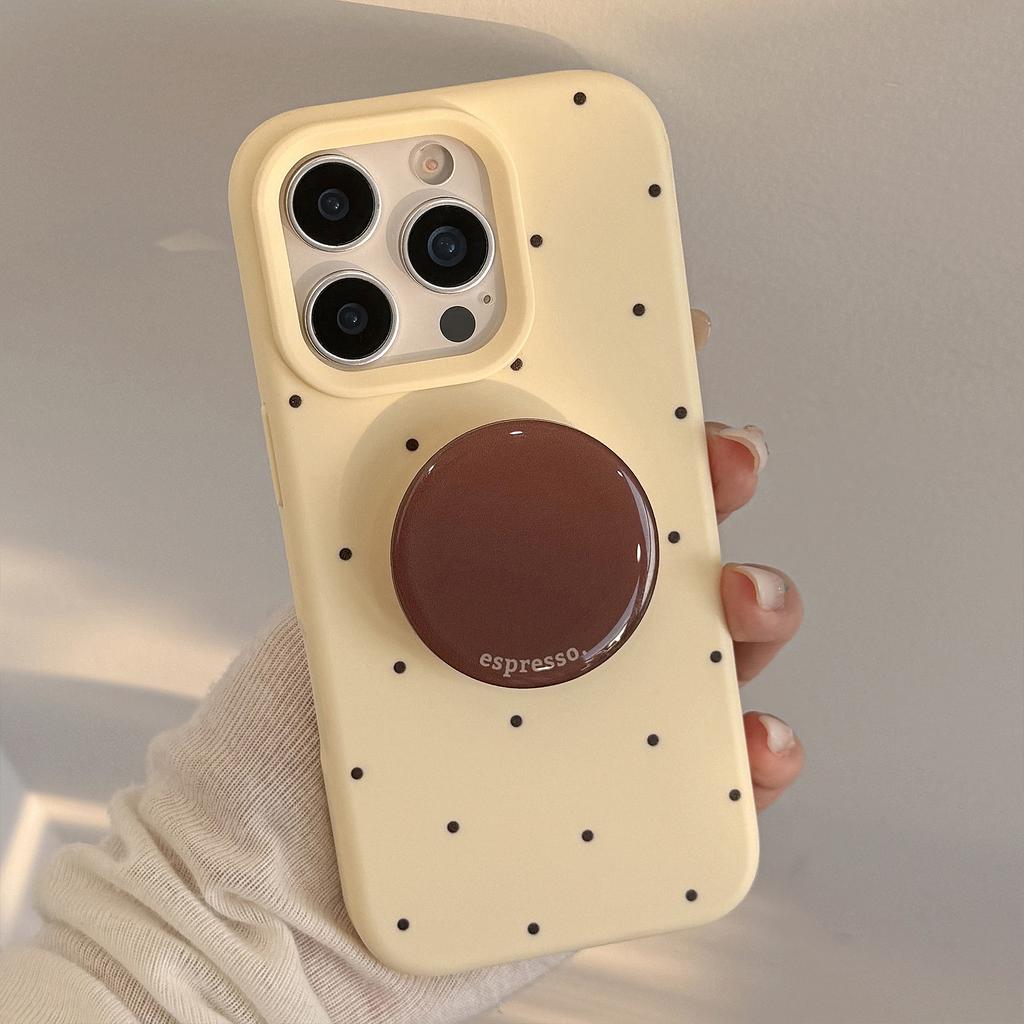 Cream Style Ins Retro Polka Dot Iphone16 Mobile Phone Case Apple 17 Brown Color Stand 15pro Max Suitable for 13