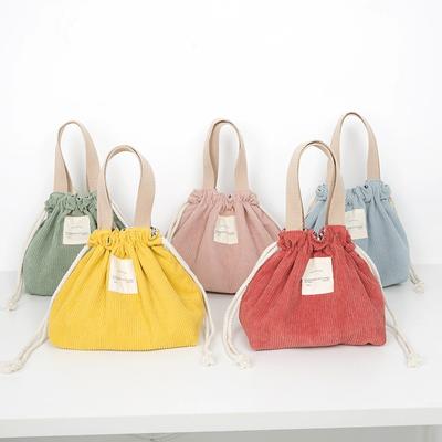Borsa per il pranzo in velluto a coste, in tela, con coulisse, per picnic, in tessuto di cotone ecologico, piccola borsa a mano, contenitore per la cena, borse per la conservazione degli alimenti