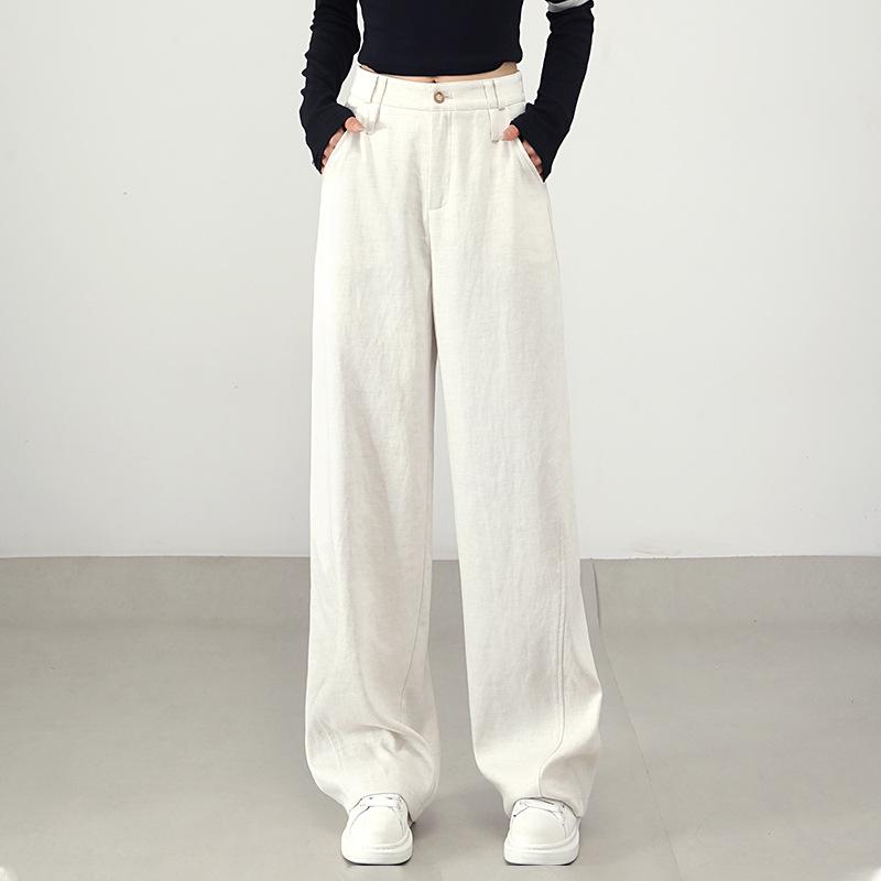 White Linen Loose-Fit Old Money Style Women’s Elastic Waist Wide-Leg Trousers, Casual Spring 2026 Collection 30 льняной/естественный