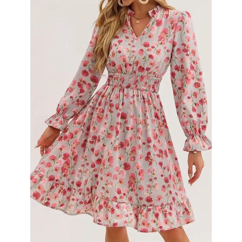 

Fall Sweet New Arrival Fashion Wind Fashion Floral V Neck Elastic and Waisted Ruffles Mid Length Long Length Long Sleeves Dress Pink Flower XL