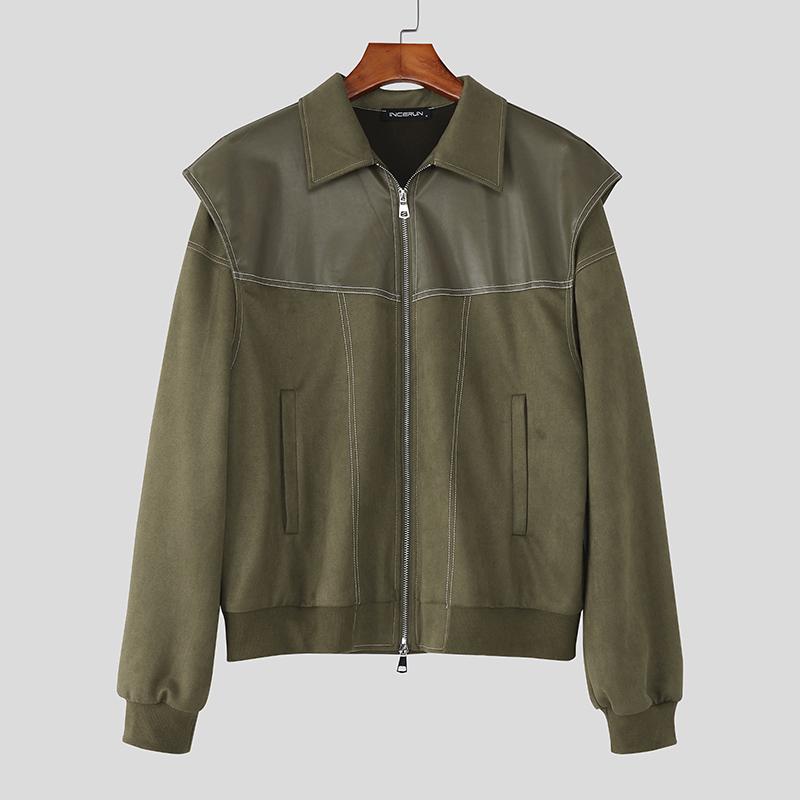 

INCERUN Men Lapel Neck Long Sleeve Suede Splicing PU Leather Casual Zip-up Thin Jackets Coats 5XL зелёный
