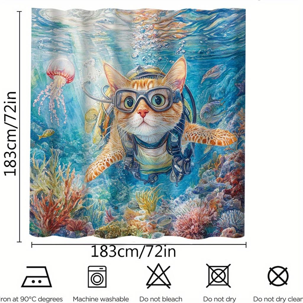 1pc WhimsyCat Diving Cat Shower Curtain, Waterproof Polyester Fabric, Stain Resistant, Woven Decorative Bathroom Curtain