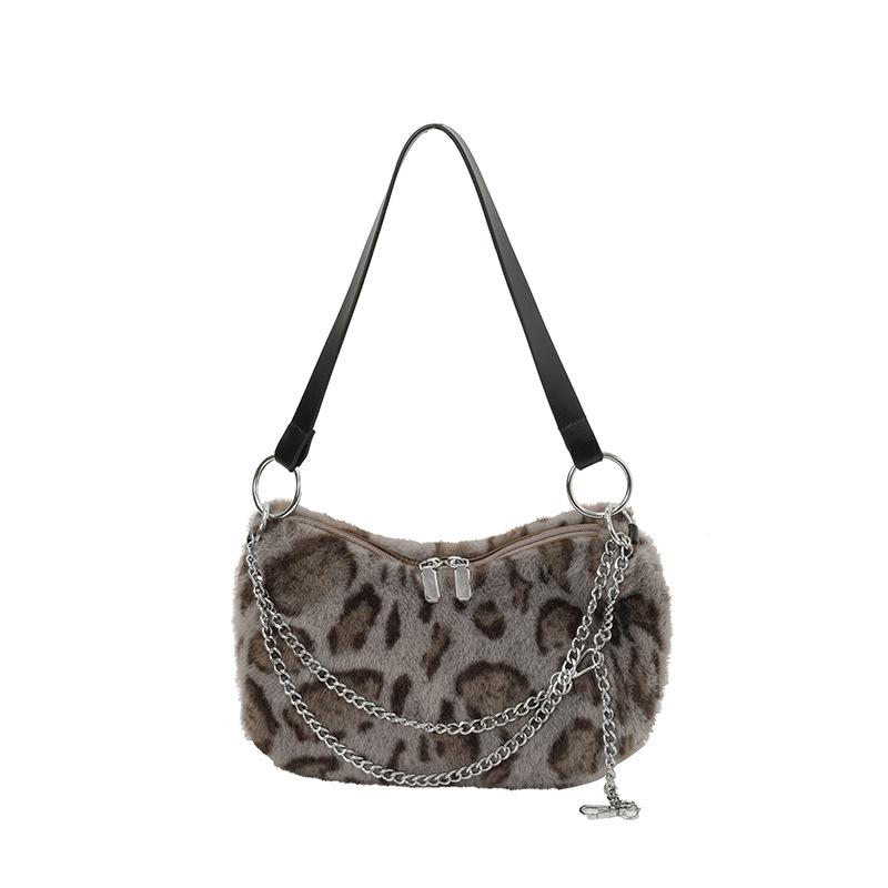 Autumn and winter new personalized leopard print plush contrasting women's tote bag exquisite versatile chain shoulder messenger bag