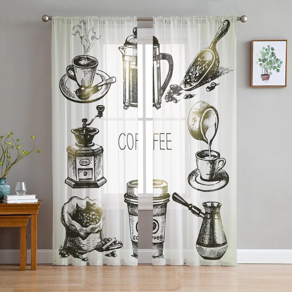 Vintage Text Coffee Tulle Curtains for Living Room Printed Sheer Voile Curtain Bedroom Window Screening Drapes Blinds Home Decor