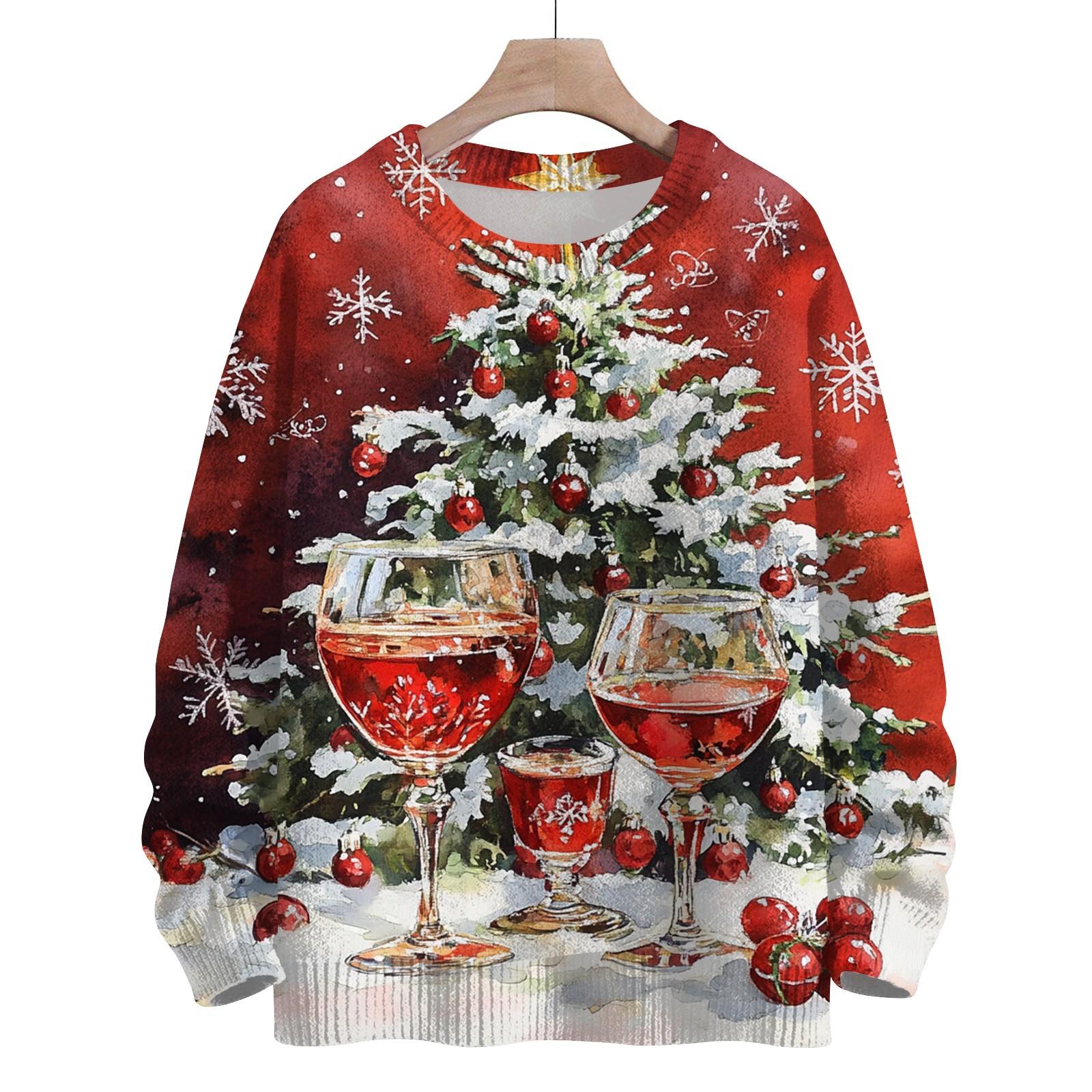 

Женская мода круглый вырез повседневный длинный рукав рождественский милый принт шерстяной трикотажный топ XL киноварь