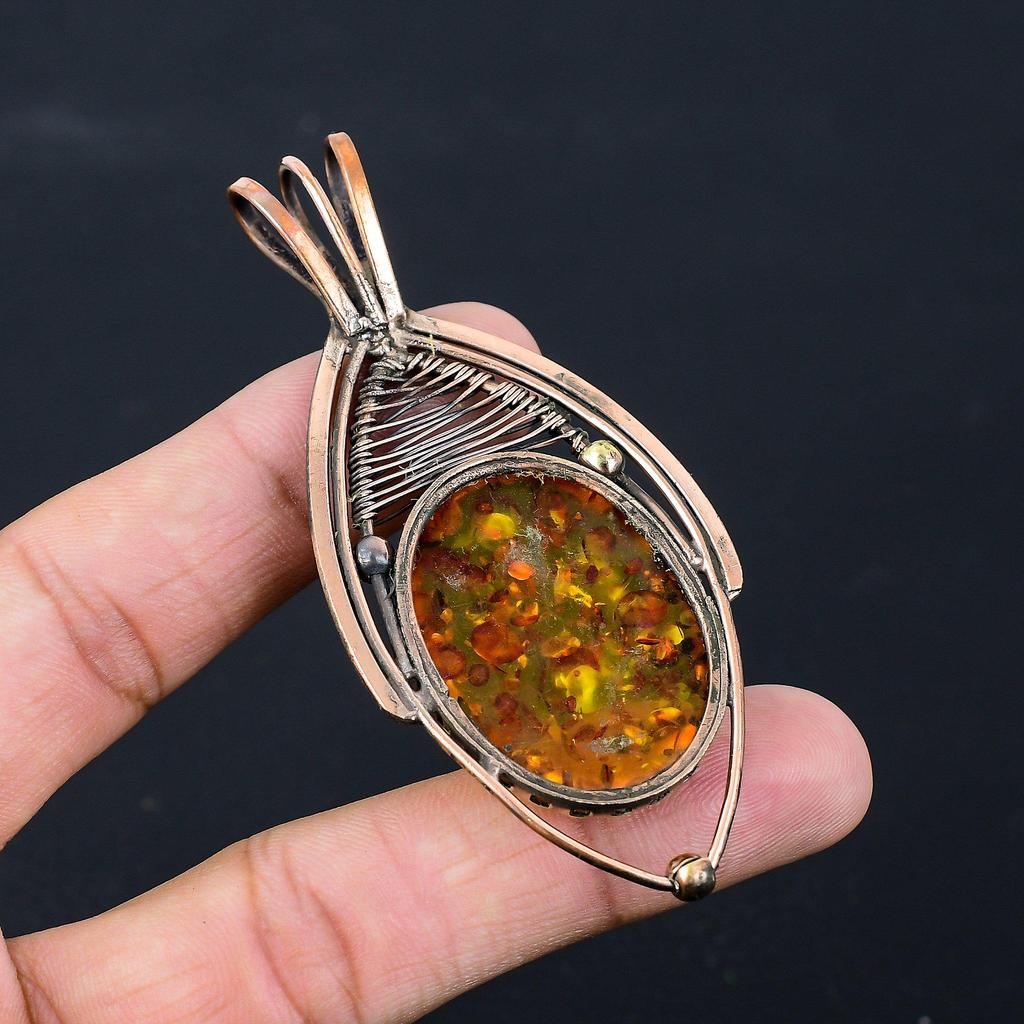 Baltic Amber Gemstone Pure Copper Wire Wrapped Handmade Pendant Jewelry For Her