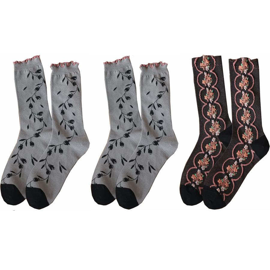 3 Pair Korean Style Women Socks Fashion Flower Printing Autumn Winter Middle Tube Lady Socks Set Soft Comfortable Socks Woman