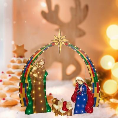1 Set Great with LED Light Metal Nativity Ornament Holy Family Scene Ground Stake Garden Decoration for Holiday