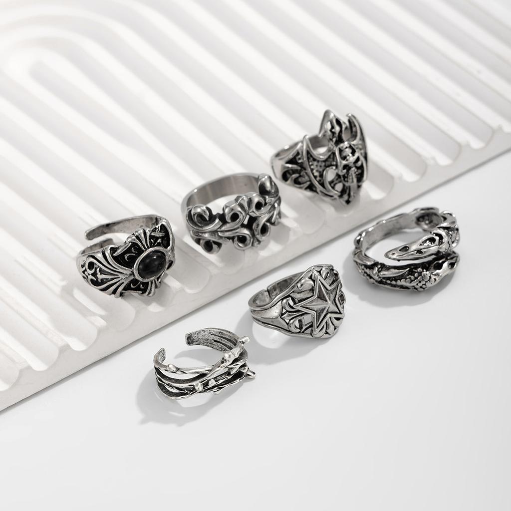 6Pcs Antique Silver Open Ring Set Male, Hip Hop Diablo Exaggerated Ring Accessories Gift