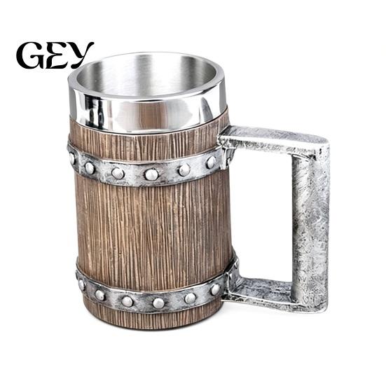Rustic Wood Grain Beer Cup Barrel Mug, 600ml Stainless Steel Liner Stein, Insulated Mug Tankard for Pub Home Bar Party Gift