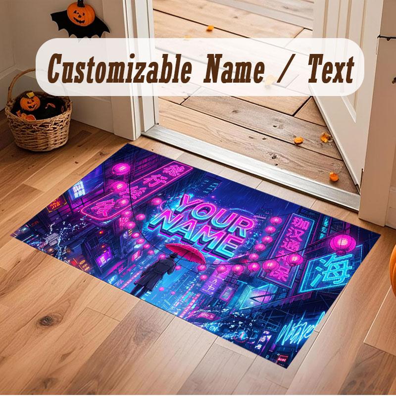 City Cyberpunk Theme Crystal Velvet Floor Rug Personalized Custom Name Text Warm Carpet Home Decoration