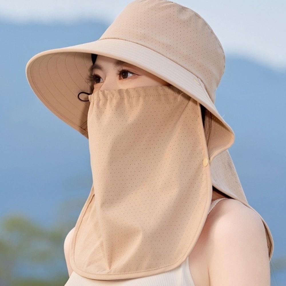 Wide-Brimmed Sunshade Sun Hat Solid Color Picking Tea Hat Windproof Rope Shawl Mask Hat  Jogging