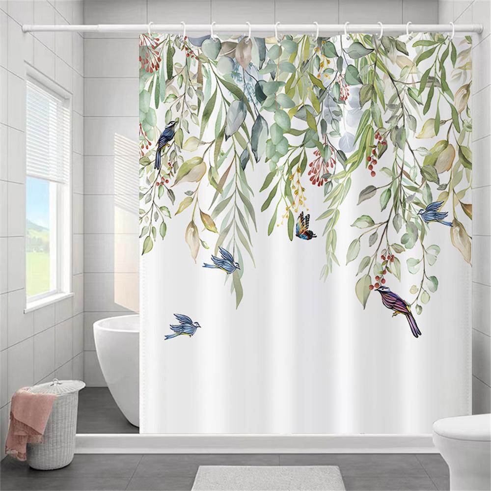 Ivy Leaves Bathroom Curtains Watercolor Floral Plants Shower Curtain Bathroom Polyester Waterproof Fabric Trim with Hooks