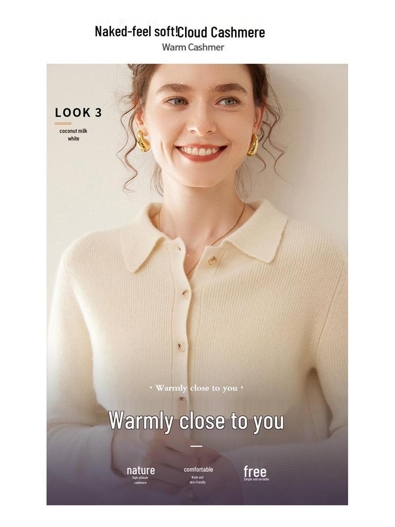 Women's Slim Fit Cashmere Polo Collar Cardigan - Comfortable Knitwear Coat for Autumn/Winter Fashion