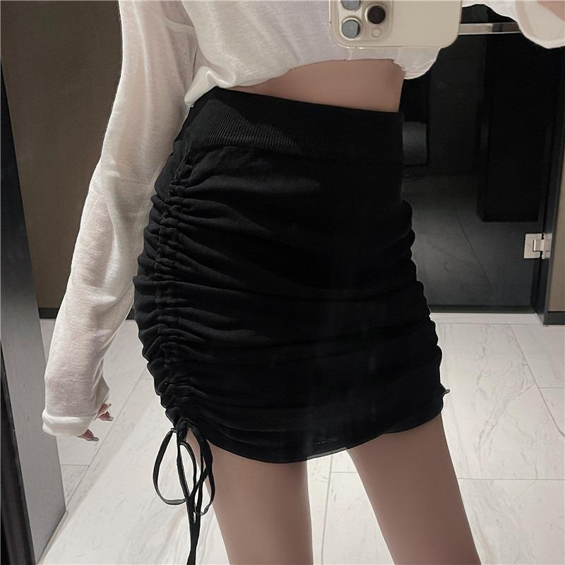 Fashion Elegant Women Drawstring Pleated Skirt High-waisted Casual Loose and Thin Hip Short Skirts Ladies Solid Color Clothes 2311