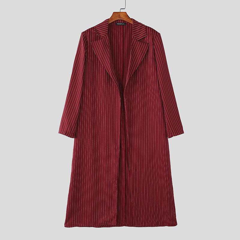 INCERUN Autumn Men Long Sleeve Striped Open Front Long Cardigan Coats Windbreaker