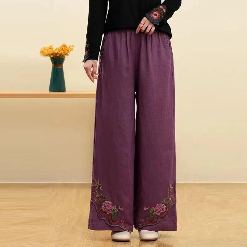 

Ретро Китайский Стиль Свободные Вышитые Брюки Палаццо для Женщин С Высокой Посадкой Повседневные Брюки Прямые Брюки для Женщин 3XL