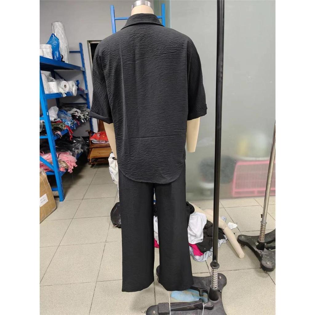 Women's Casual Sets Summer Cotton and Linen Short-sleeved Lapel Shirt Straight Trousers Two-piece Set