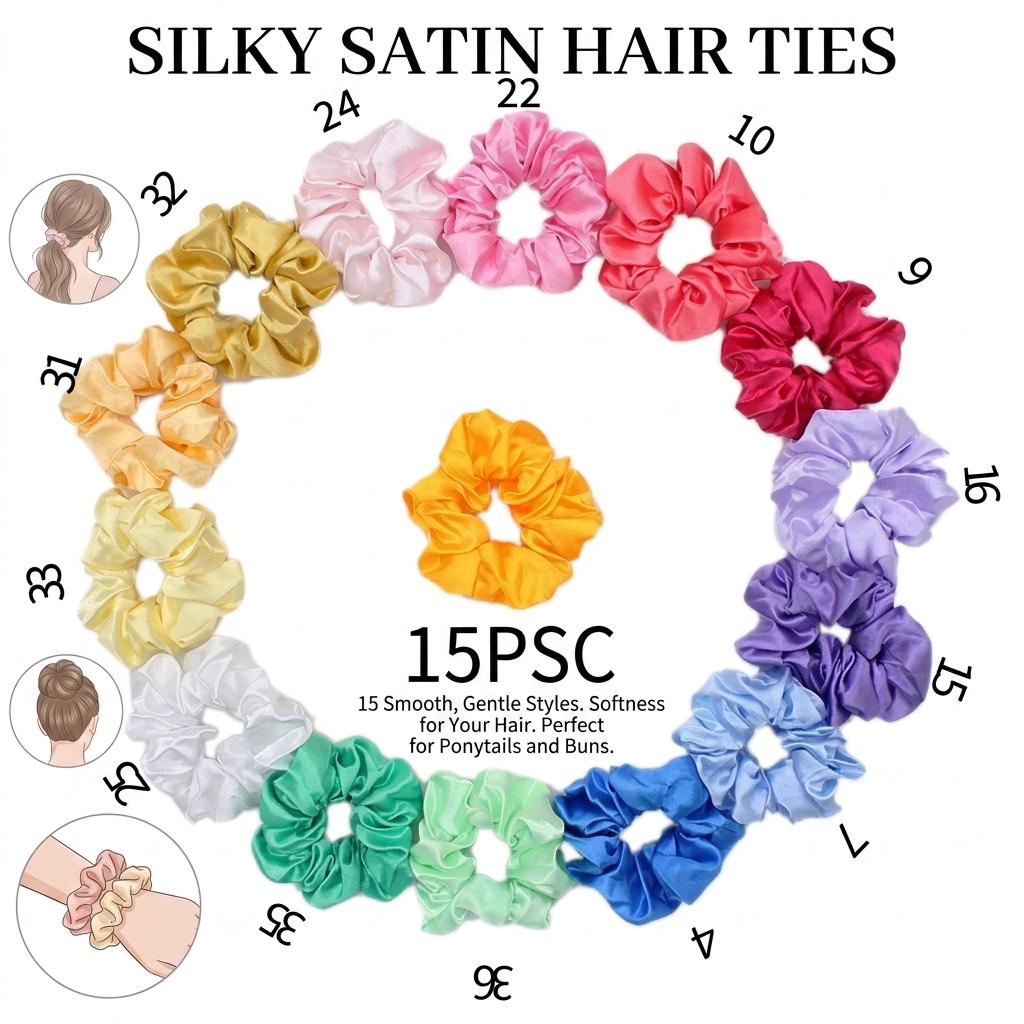 15 Colors Satin Fabric Hair Scrunchies Stylish Elastic Hair Ties For Women