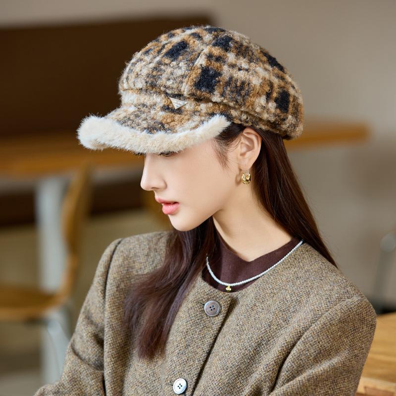 

Autumn and Winter New Wide-brimmed Baseball Cap Retro Plaid Beret Women s Thickened Warm Fashion Cap ONE SIZE