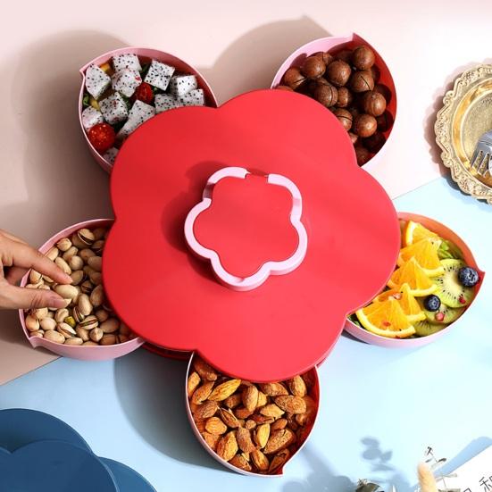 Multi-Layer Rotating Petal Snack Tray Divided Fruit Nut Holder with Lids Space-Saving Plastic Organizer for Home Kitchen Picnic