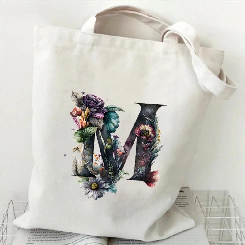 26 Letters Flower Tote Bag For Women Eco Reusable Shoulder Bagslarge Capacity Canvas Casual Harajuku Shopping Shopper Handbag