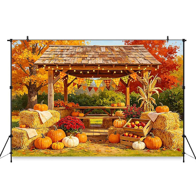 Mocsicka Autumn Gazebo Photography Backdrop Thanksgiving Tapestry Harvest Pumpkin Hay Bale Fall Leaves Background Family Banner