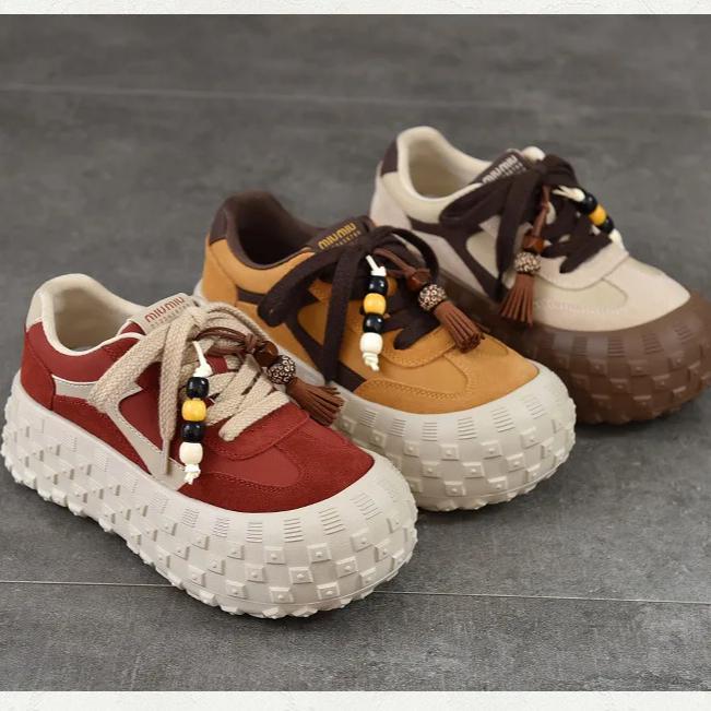 Johnature Genuine Leather Casual Lace Up Shoes Lightweight Thick Soled Height Increasing Women's Platform Shoes