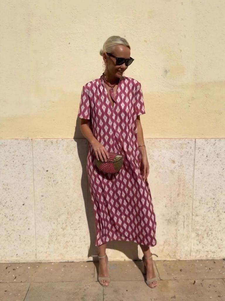 Summer Loose Waist Short Sleeve Mid-Length V-Neck Dress with European & American Ethnic Print