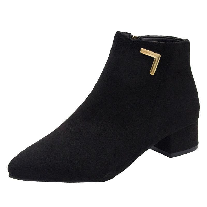 2025 Autumn and Winter New Pointed Toe Bare Boots Thick Heel Thin Leg Martin Boots Women's Velvet Low-top Versatile Women's Short Boots Large Size