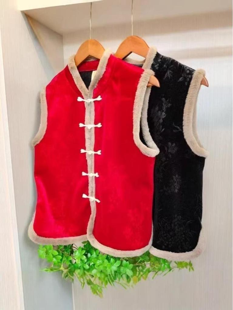 2025 Retro Chinese Red Tang Style Plus Velvet Sleeveless Vest