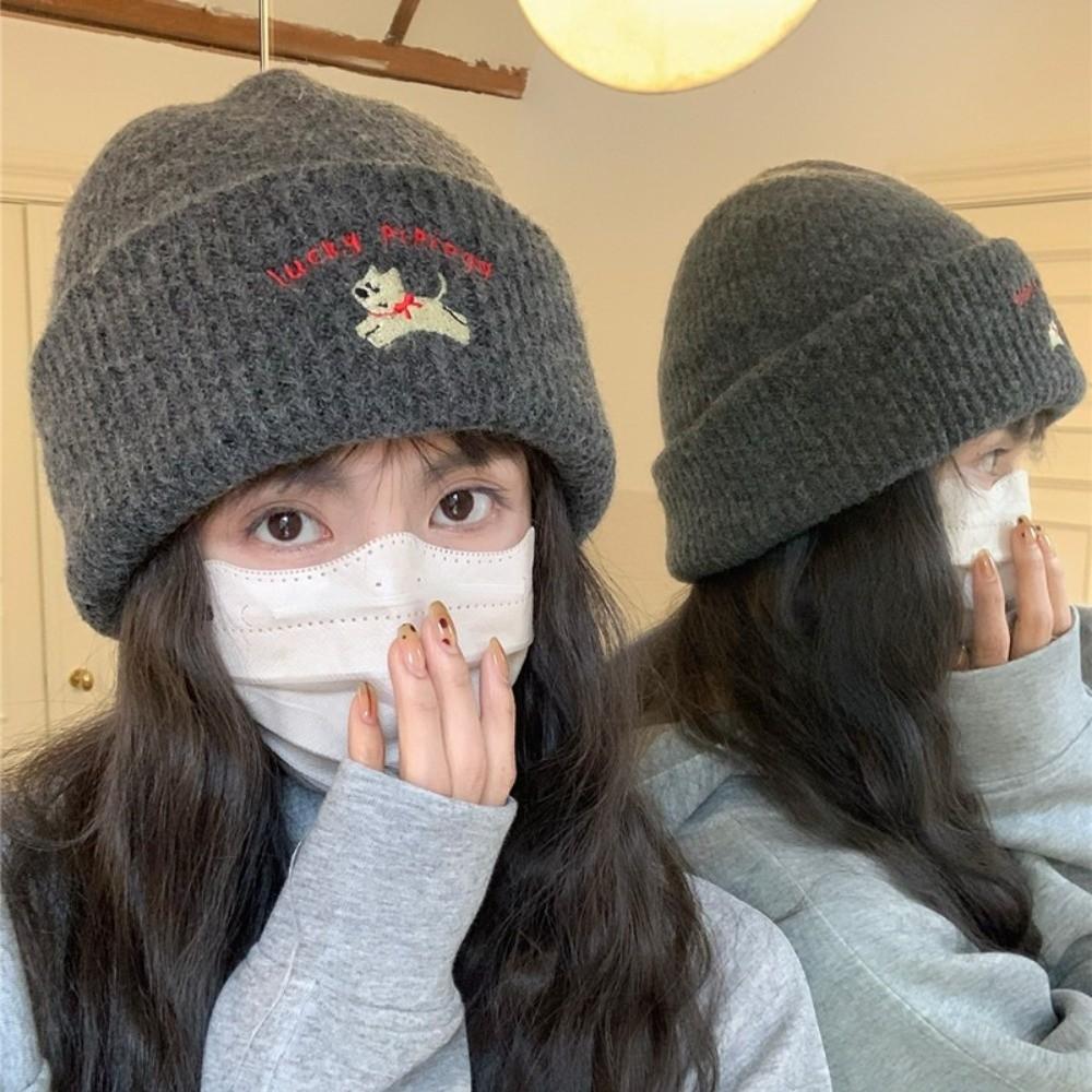 Puppy Embroidery Winter Knitted Hat Winter Warm Crochet Bonnet Hat Cute Beanie Cap