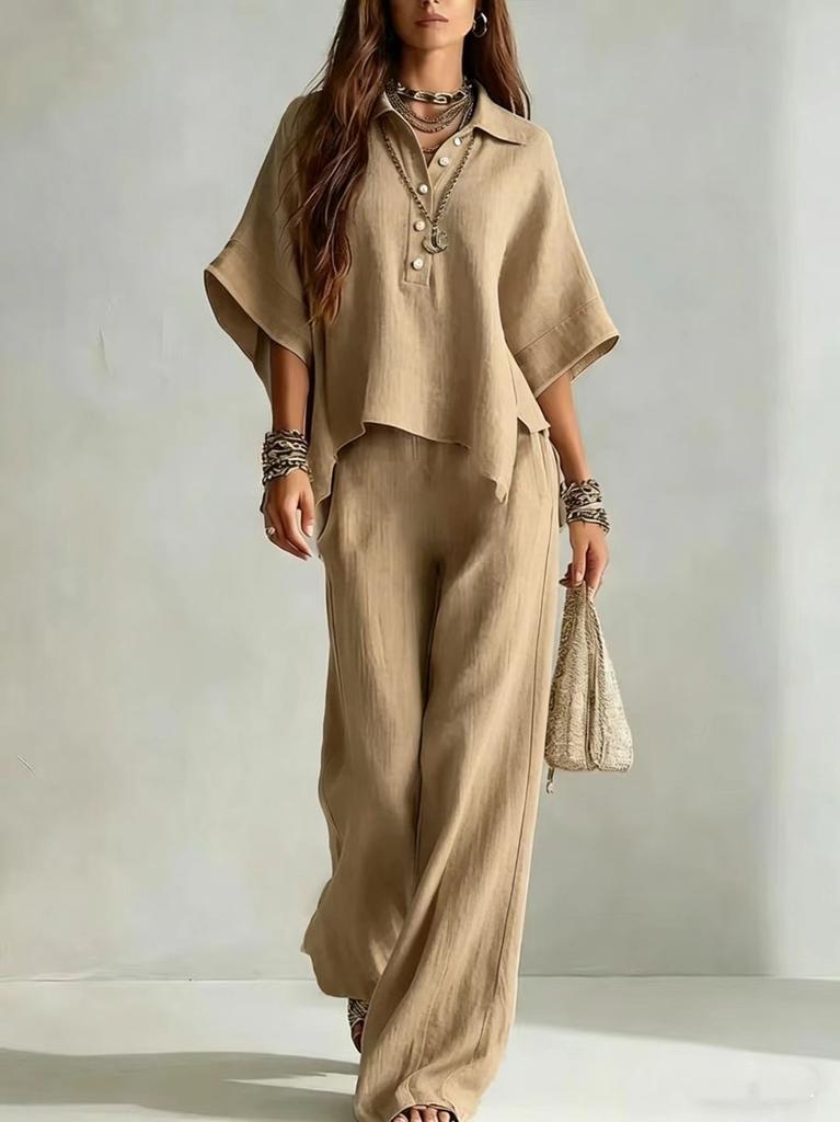 2026 New European and American Style Linen Wide-leg Pants Set Women's Summer Loose Shirt Two-piece Set Fashion Casual Trendy