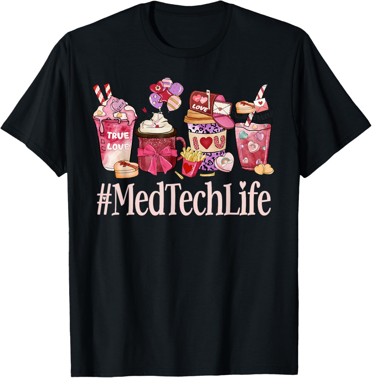 Med Tech Life Valentine Drinks Graphic Tee Soft Cotton Casual T-Shirt for Men Women 4XL