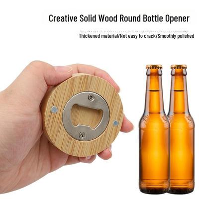 Abridor de Botellas Magnético de Bambú: Abridor de Tapas de Cerveza y Bebidas de Madera Redondo para Frigorífico