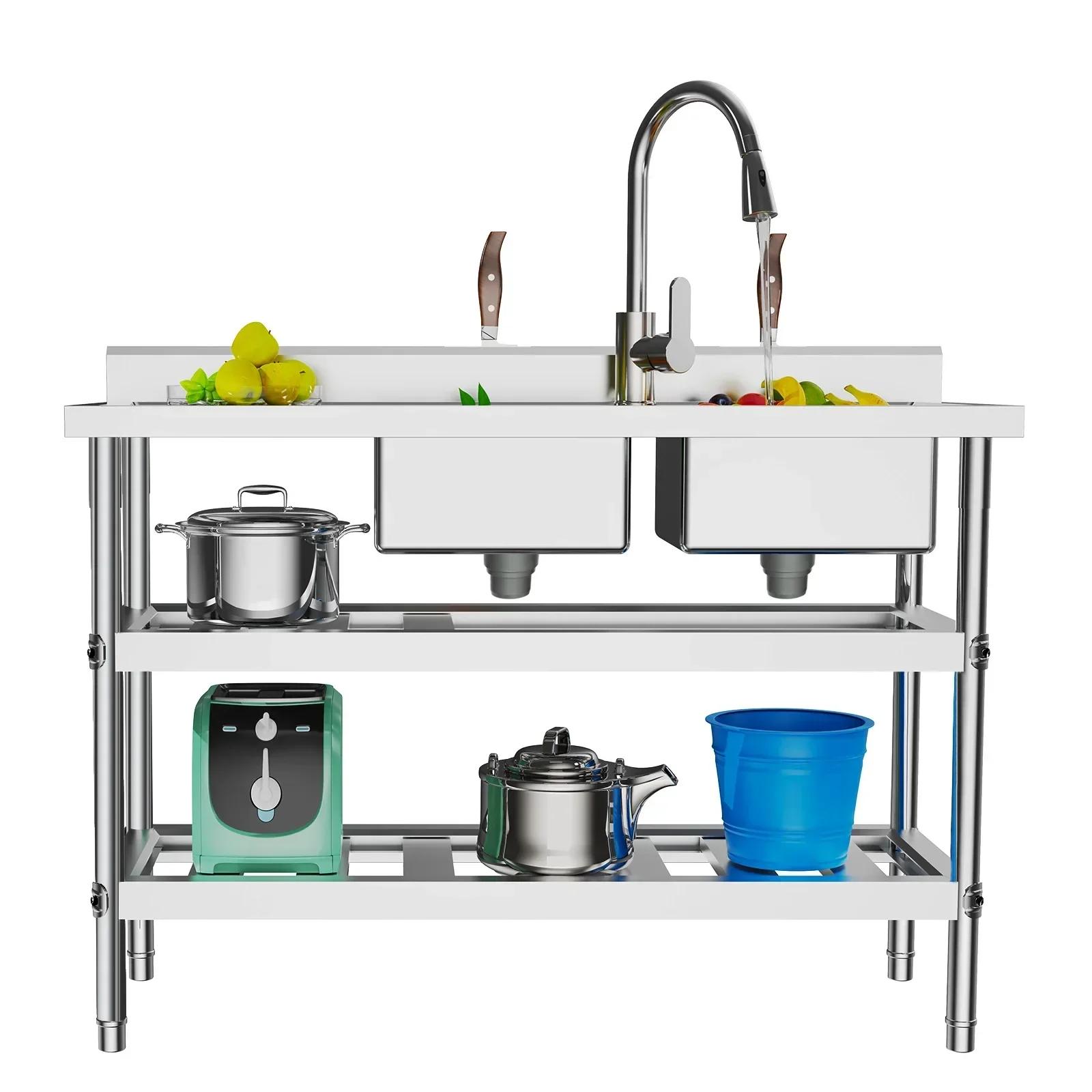 stainless steel multifunctional sink, commercial kitchen sink, freestanding double-bowl kitchen sink, with faucet and drain pipe