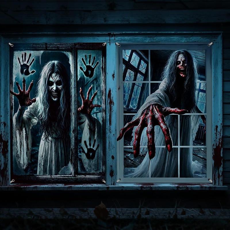 2-Piece Halloween Zombie Ghost Decor Bloody Window Scary Backdrop Outdoor Horror Hanging Cloth Spooky Party Supplies