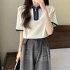 Women's Navy Blue Contrast Collar Half-Zip Polo Shirt Short Sleeve Slim Fit Casual Top