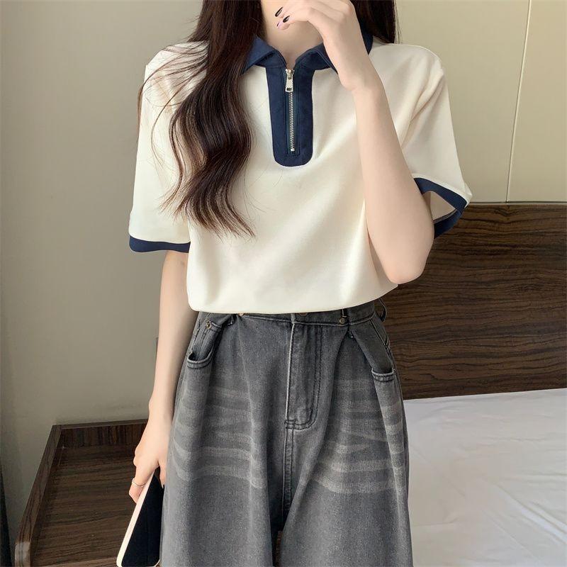 Women's Navy Blue Contrast Collar Half-Zip Polo Shirt Short Sleeve Slim Fit Casual Top