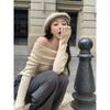 Autumn Winter One Word Collar Slit Irregular Sweater Women Long Sleeve Off the Shoulder Knitting Bottomed  Top