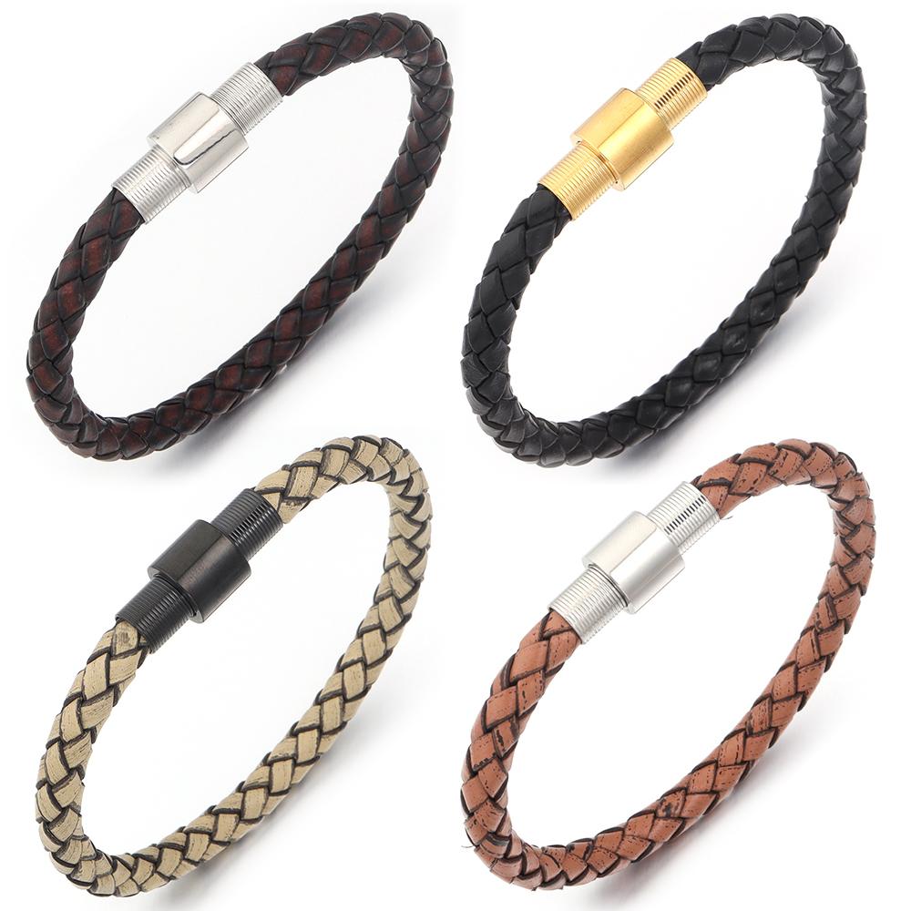 Vintage Leather Bracelet Stainless Steel Magnetic Clasp Braided Cord Rope For Men Fashion Design Simple Handmade Jewelry Gifts