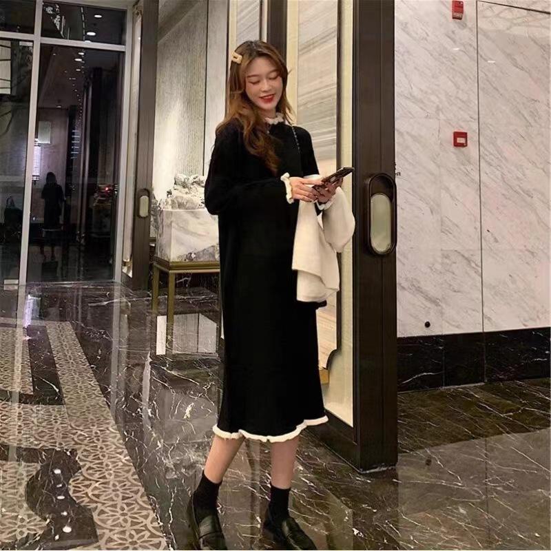 Coat with bottom sweater knitted dress small black long dress early autumn new women's clothing