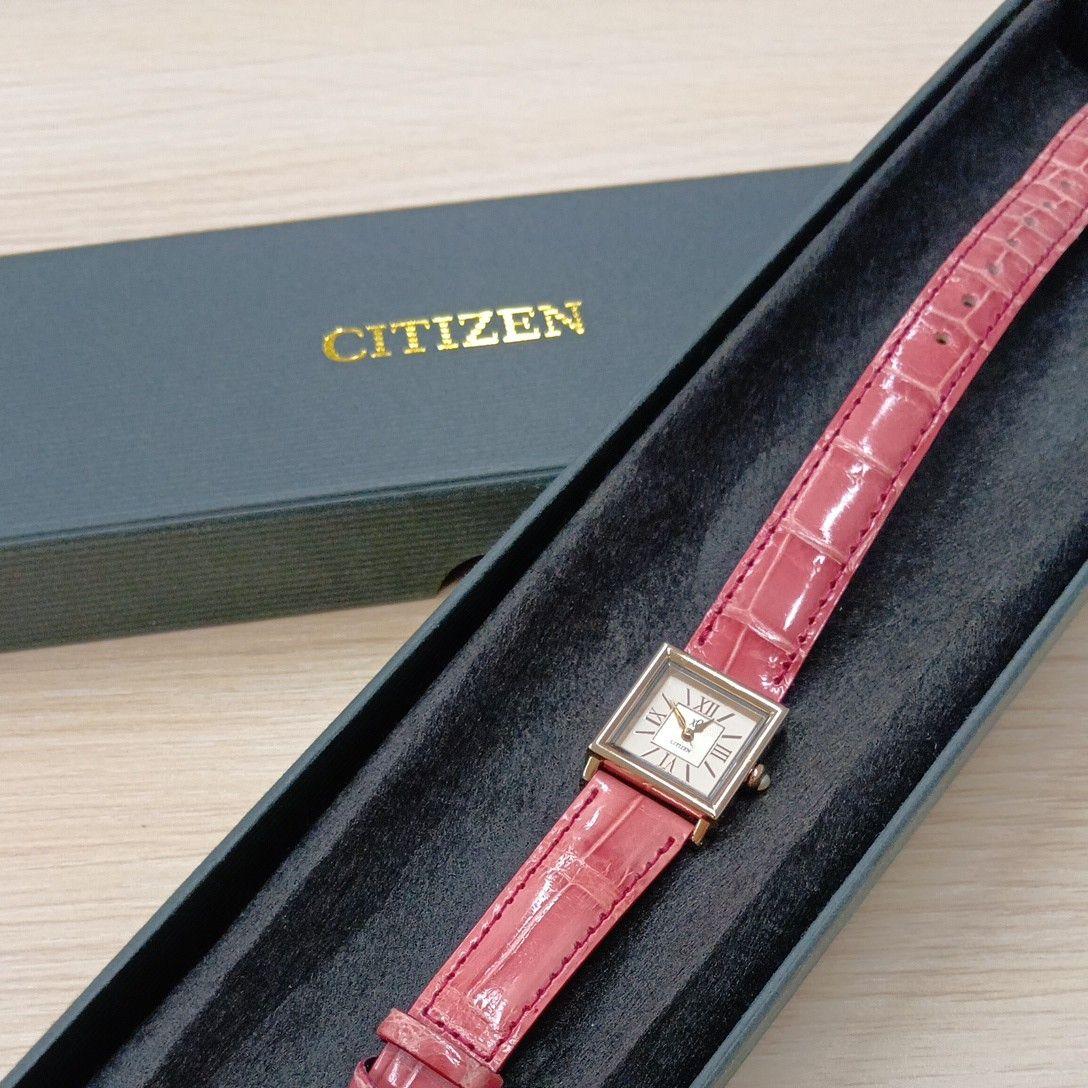 Used CITIZEN Citizen XC Ladies Watch Square Case Pink Leather Belt Quartz Crocodile