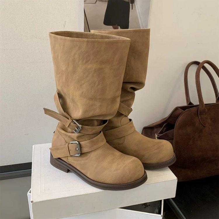 2025 Autumn and Winter New Korean Version Wide Tube Leather Thick Sole High Short Tube Two-wear Boots Women's Pile Boots Women's Knight Boots