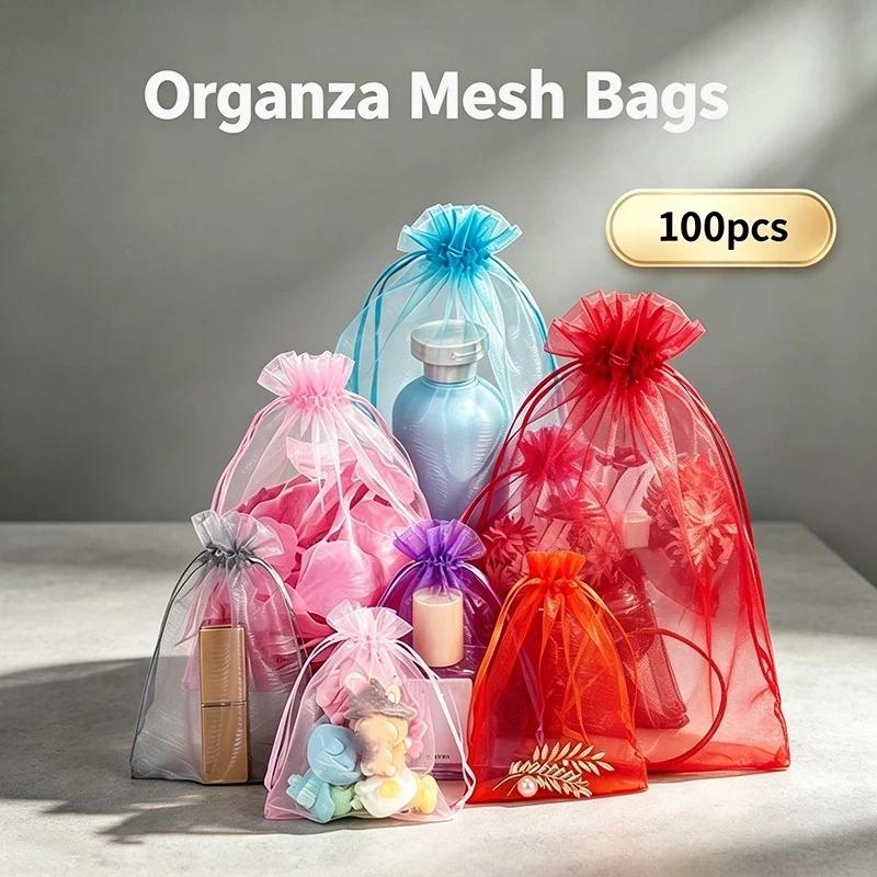 100 stk Bryllup Julegaveposer Organza Gavepose Snoreposer Til Slik Smykker Pose Pakning