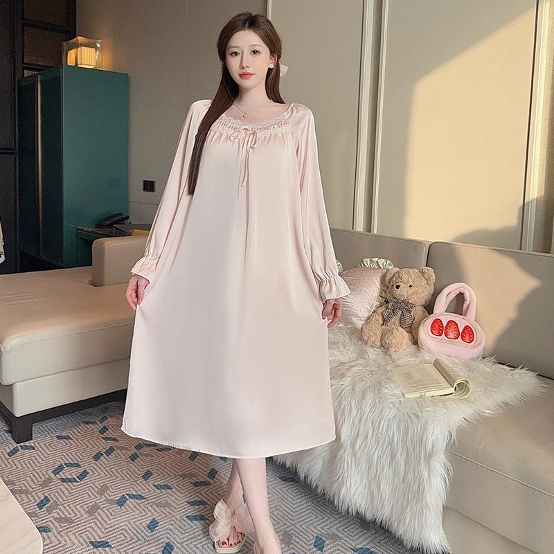 Women s Plus Size Ice Silk Long Nightgown - Spring/Autumn Long Sleeve L