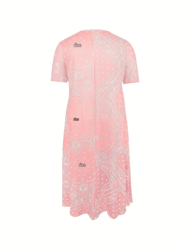 Europäisches & Amerikanisches Sommer Retro Print Mittelhoher Taillenlanger Kleid - Kurzarm, Rundhalsausschnitt, Bequemer Lässiger Stil Pullover