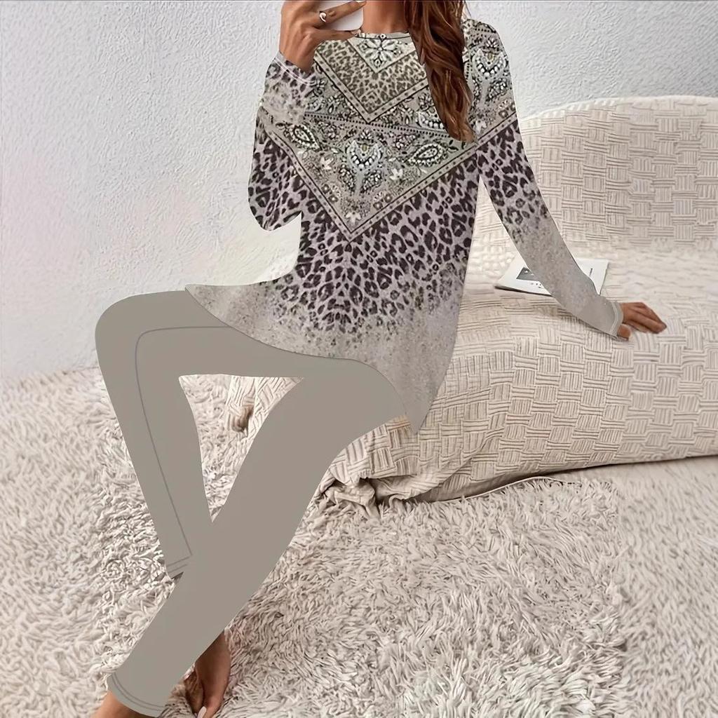 Women's clothing European and American casual ethnic printing pullover round neck large size long-sleeved women's T-shirt set WA11 + WC1